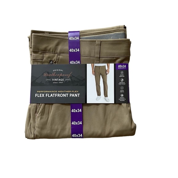 NWT Mens Weatherproof Khaki Weather-Flex Pants Performance Flat Front 40 W 34 L - Picture 1 of 2